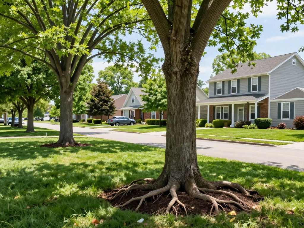 Residential trees in Plymouth MI showcasing the importance of tree health and monitoring for girdling roots.