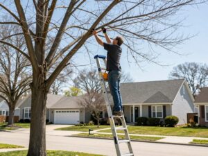 Homeowner using a ladder safely for tree care in Plymouth MI.