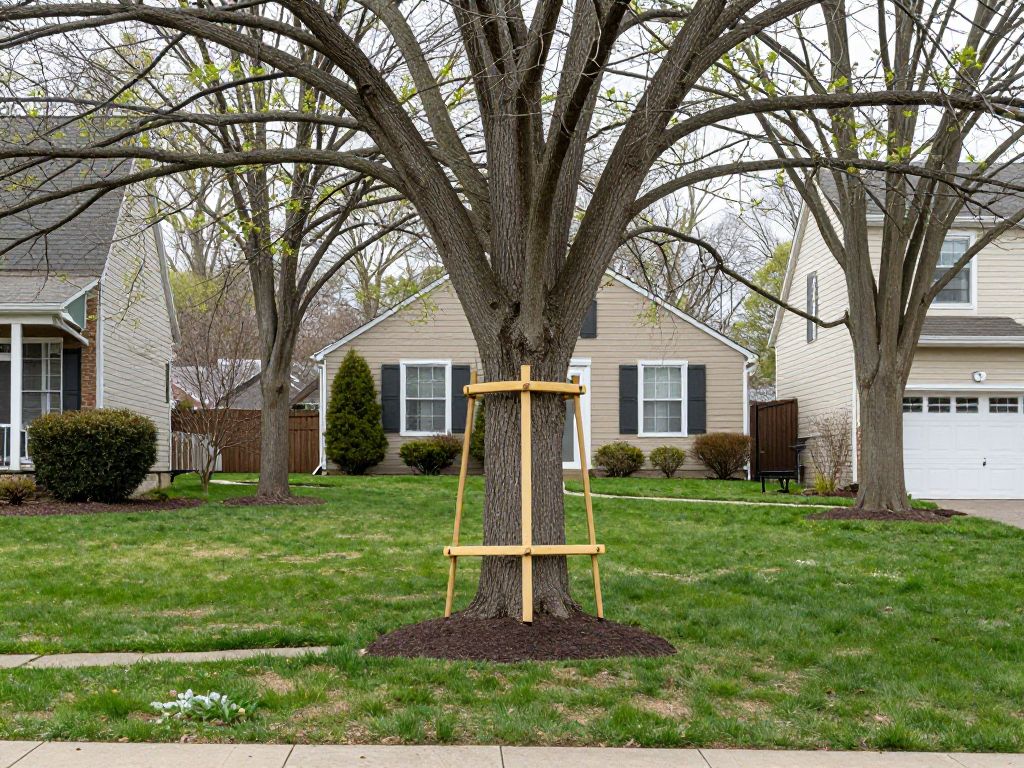 Mature trees in a Plymouth MI yard with cabling and bracing for support