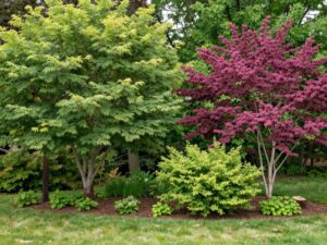 Backyard in Plymouth MI with native understory plants such as Serviceberry and Eastern Redbud