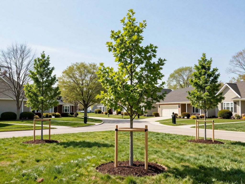 Young trees in Plymouth MI supported by stakes with mulch around their bases