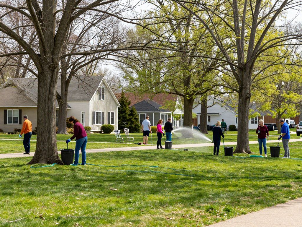 Residents practicing smart tree watering in Plymouth MI during spring.
