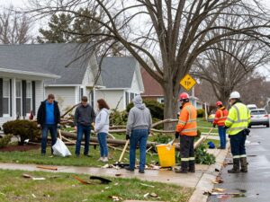 Homeowners in Plymouth MI inspecting storm damage and clearing debris