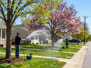 Homeowner watering trees during spring in Plymouth MI
