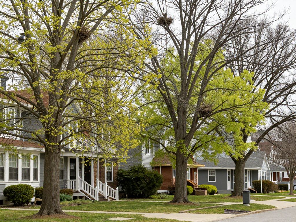 Trees in a Plymouth MI neighborhood with signs of bird nesting activity
