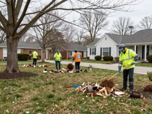 Plymouth MI homeowners in protective gear clearing yard debris for spring.