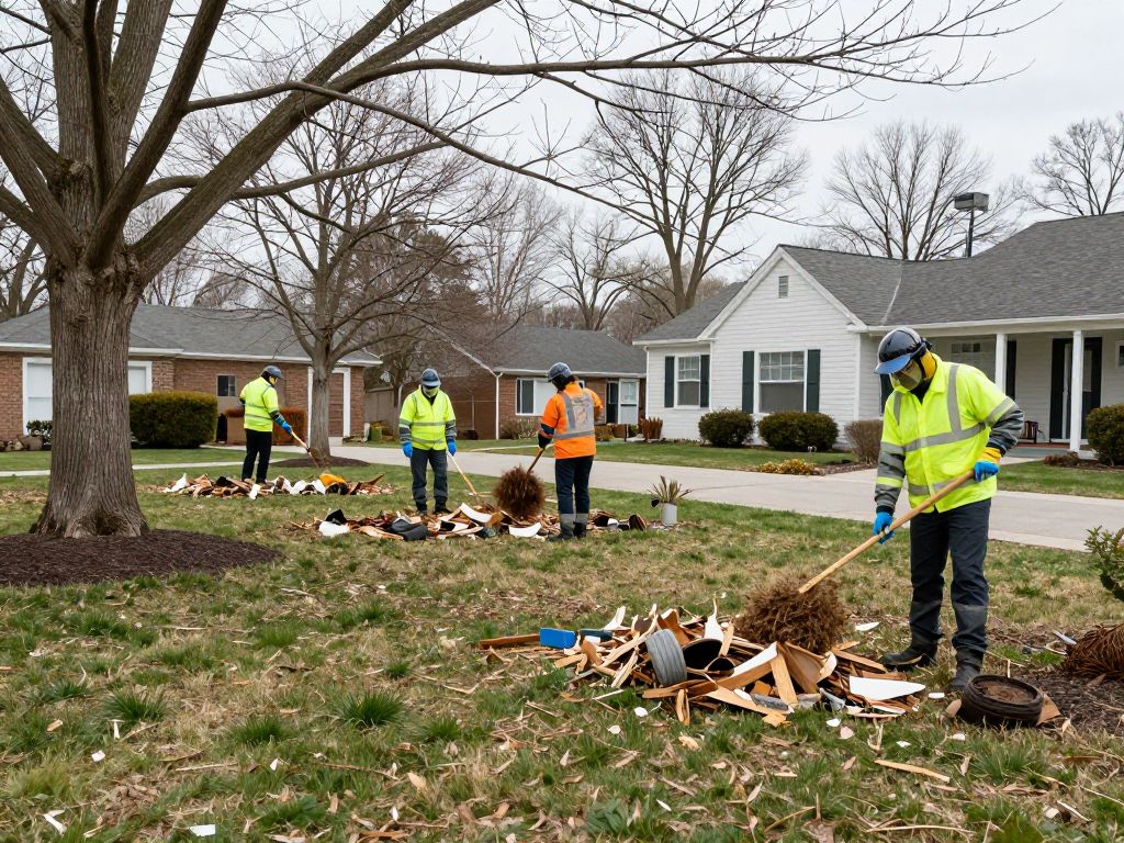 Plymouth MI homeowners in protective gear clearing yard debris for spring.