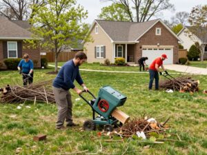 Homeowners in Plymouth MI clearing yard debris during spring cleanup.