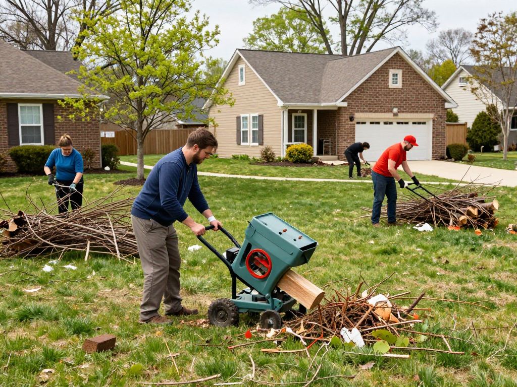 Homeowners in Plymouth MI clearing yard debris during spring cleanup.