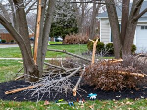 Residential landscape in Plymouth MI showing winter-damaged trees and shrubs needing care.
