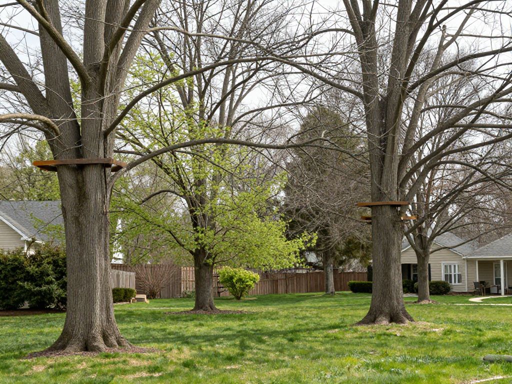 Residential yard in Plymouth MI with trees showing signs of cabling and bracing for storm prevention.