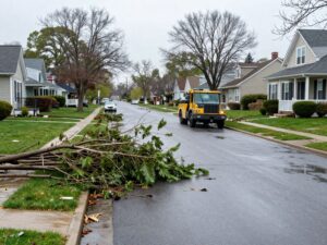 Residential area in Plymouth MI with tree debris clearance after storms.