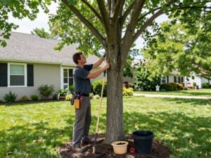 Certified arborist conducting a tree health assessment in Plymouth MI backyard.
