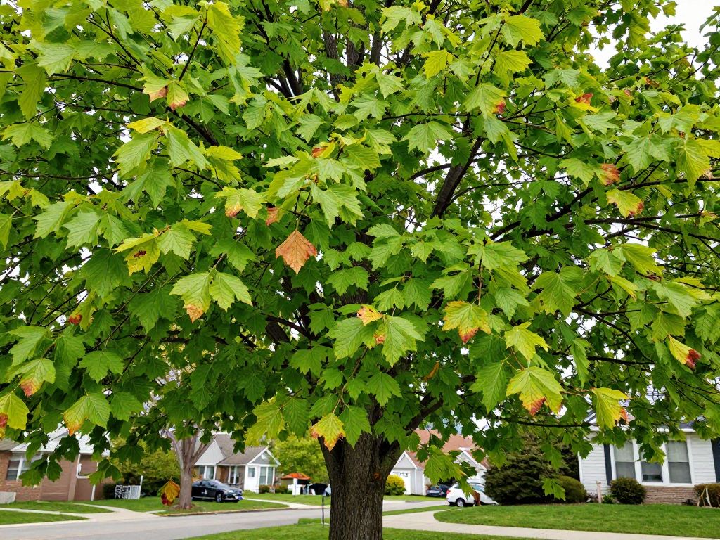 Tree canopy in Plymouth MI showing signs of distress with discolored leaves amidst a suburban landscape.