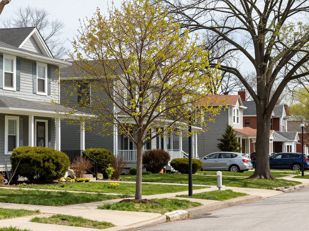 Young trees in Plymouth MI showing new foliage during early spring.