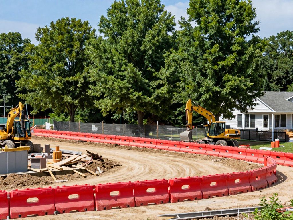 Construction site in Plymouth MI with tree protection barriers around healthy trees