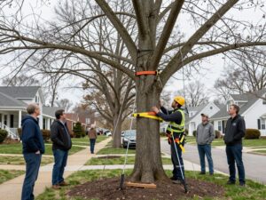 Arborist assessing mature trees in Plymouth MI for storm damage prevention with cables and braces.