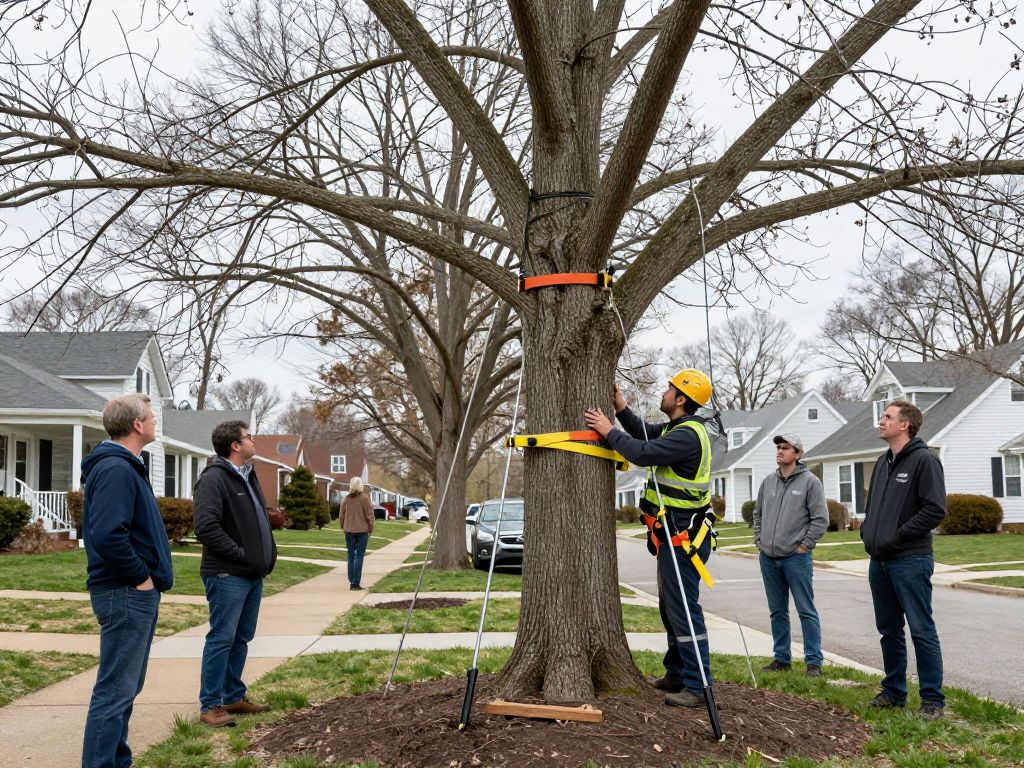 Arborist assessing mature trees in Plymouth MI for storm damage prevention with cables and braces.