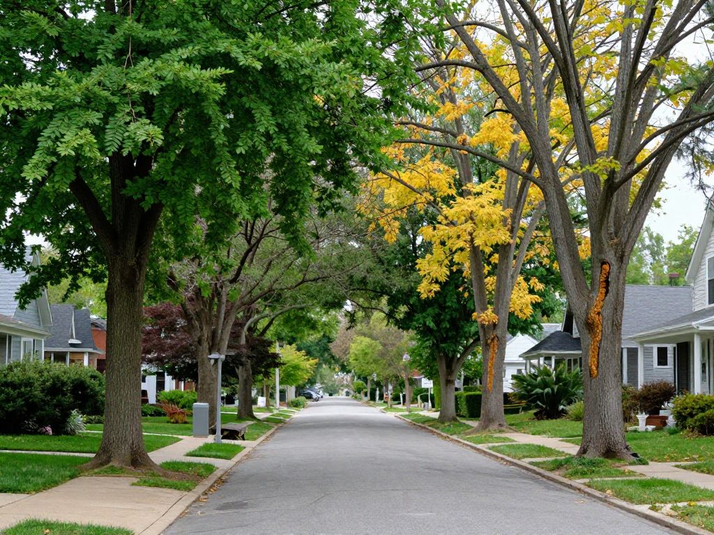 Residential street in Plymouth MI showing trees with signs of stress and health.