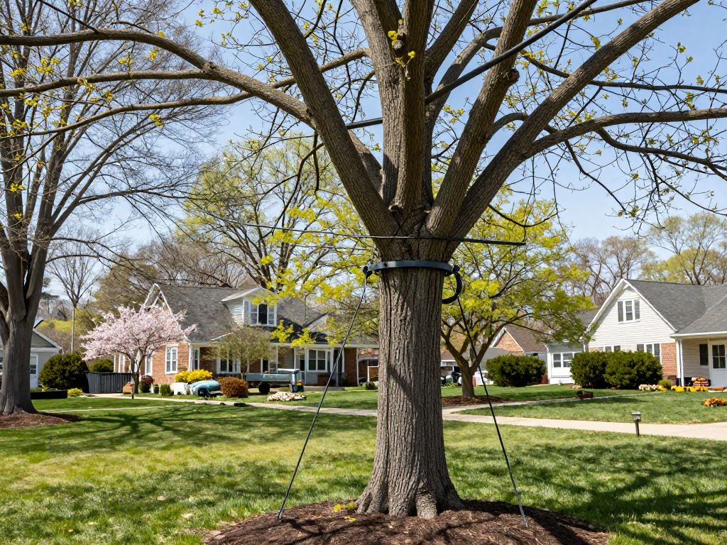 Plymouth homeowner inspecting tree support systems in spring.