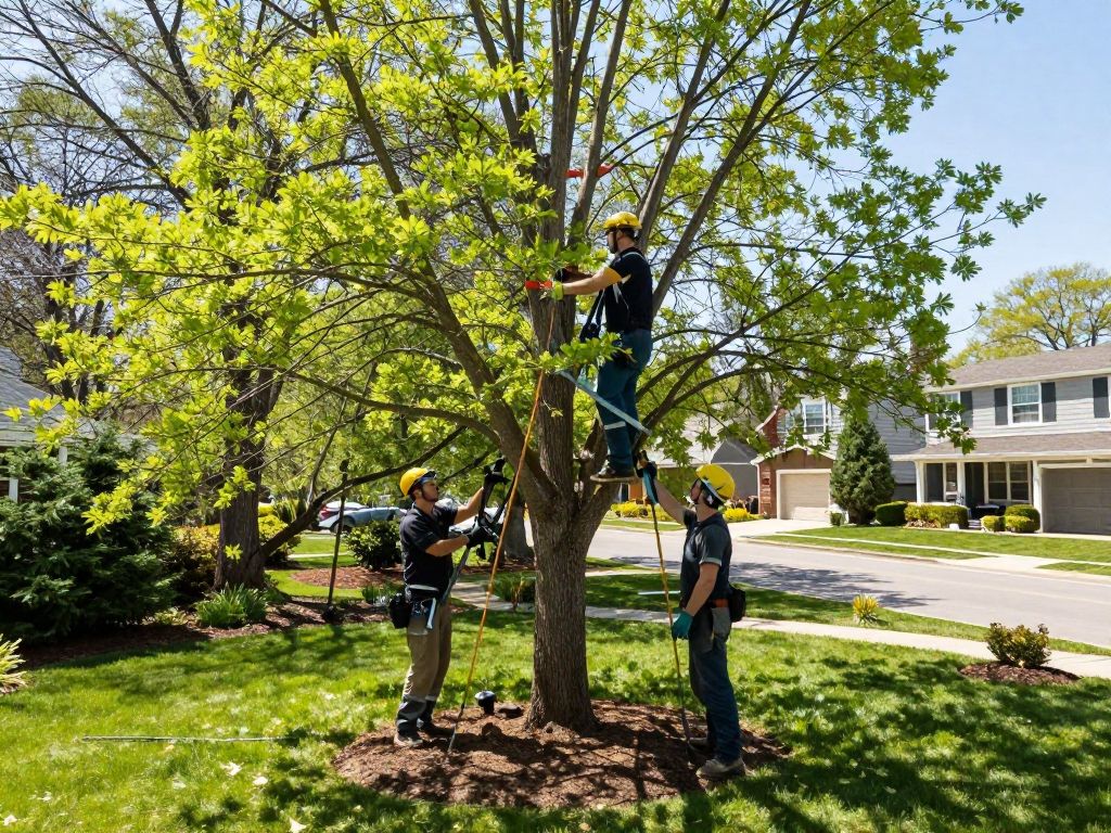 Arborist performing tree thinning in Plymouth MI backyard for improved sunlight and views.