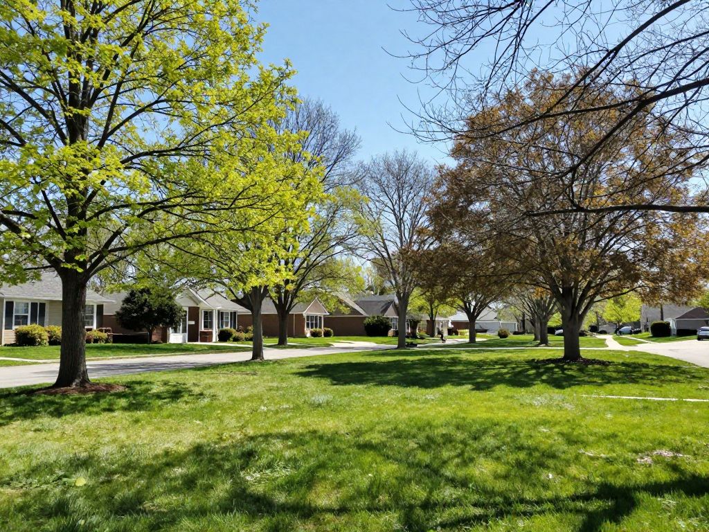 Healthy trees in Plymouth MI during springcarefully receiving deep watering to promote growth.