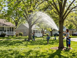 Homeowners in Plymouth MI watering their trees correctly for spring growth