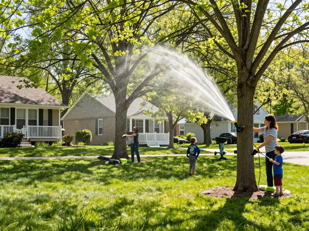 Homeowners in Plymouth MI watering their trees correctly for spring growth