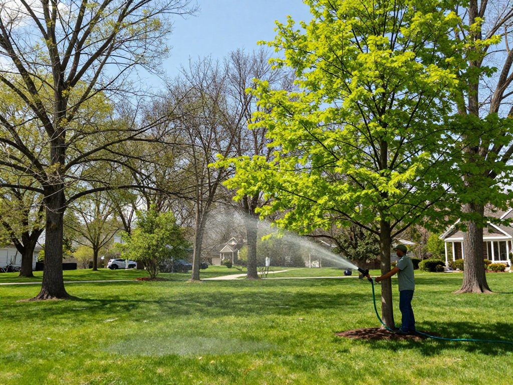 Homeowner watering established trees in Plymouth MI during spring season.