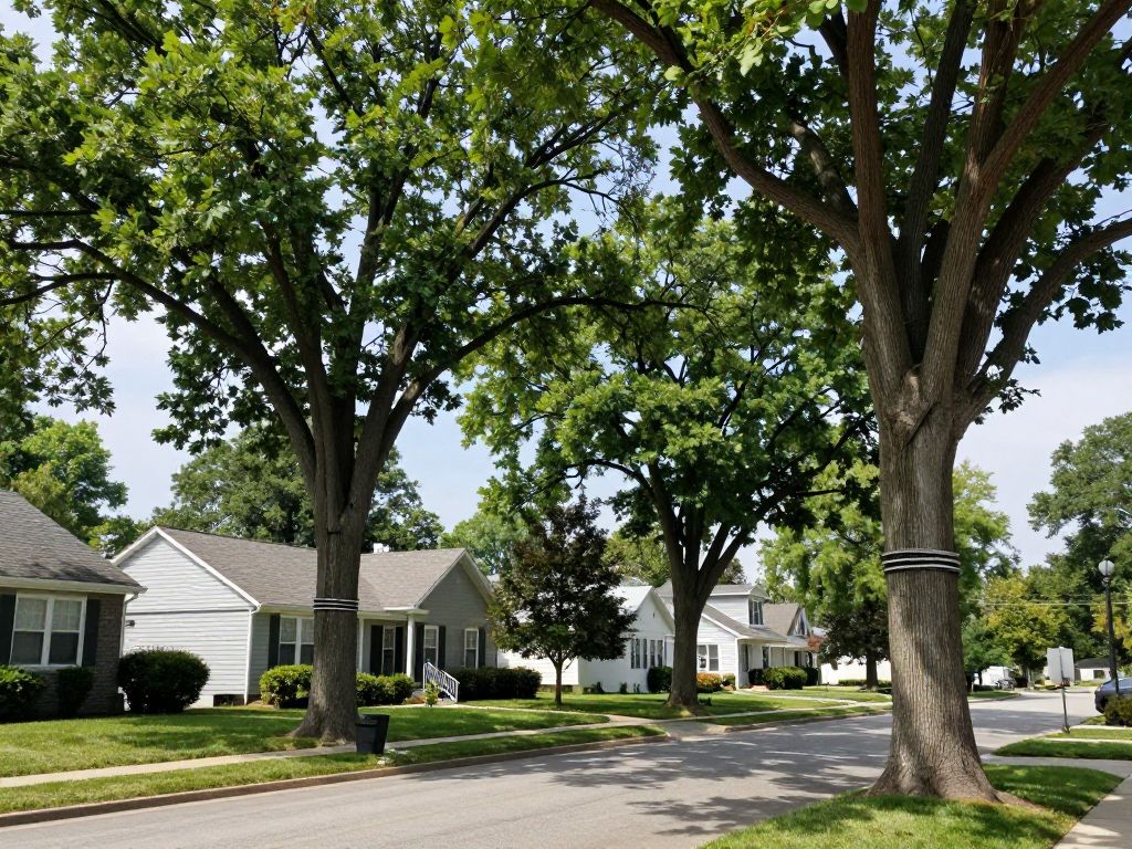 Strong, mature trees in Plymouth MI with support systems visible