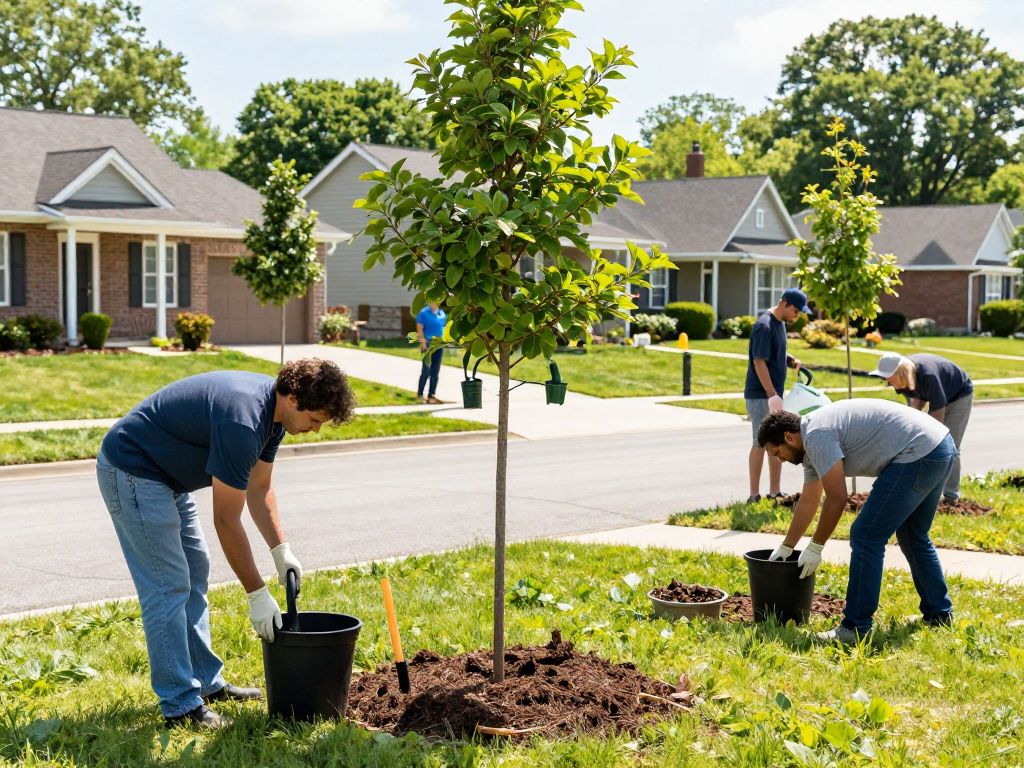 Homeowners watering young trees in Plymouth MI.