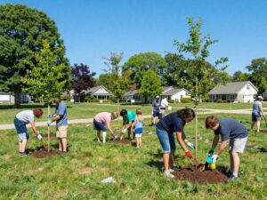 Residents planting native trees in Plymouth MI for Arbor Day celebration