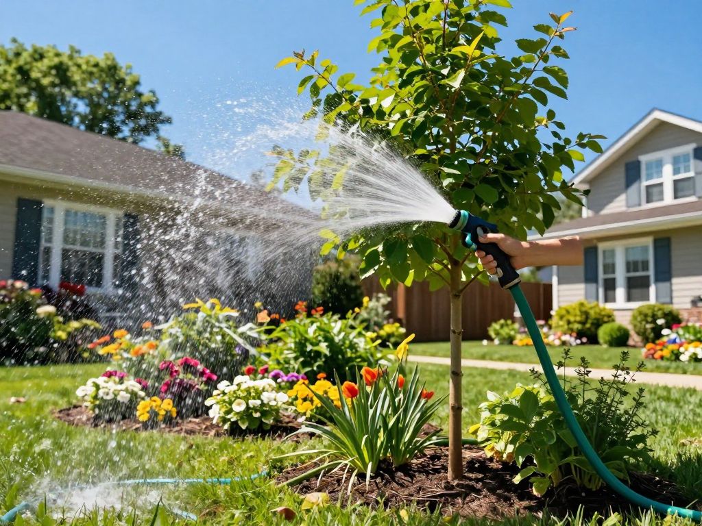 Homeowner deep watering a young tree in a residential Plymouth MI garden.
