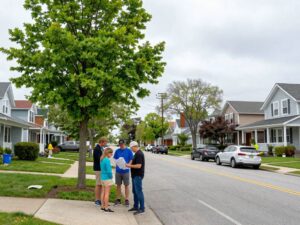 Plymouth MI residents discussing emergency tree safety plans on a cloudy day.