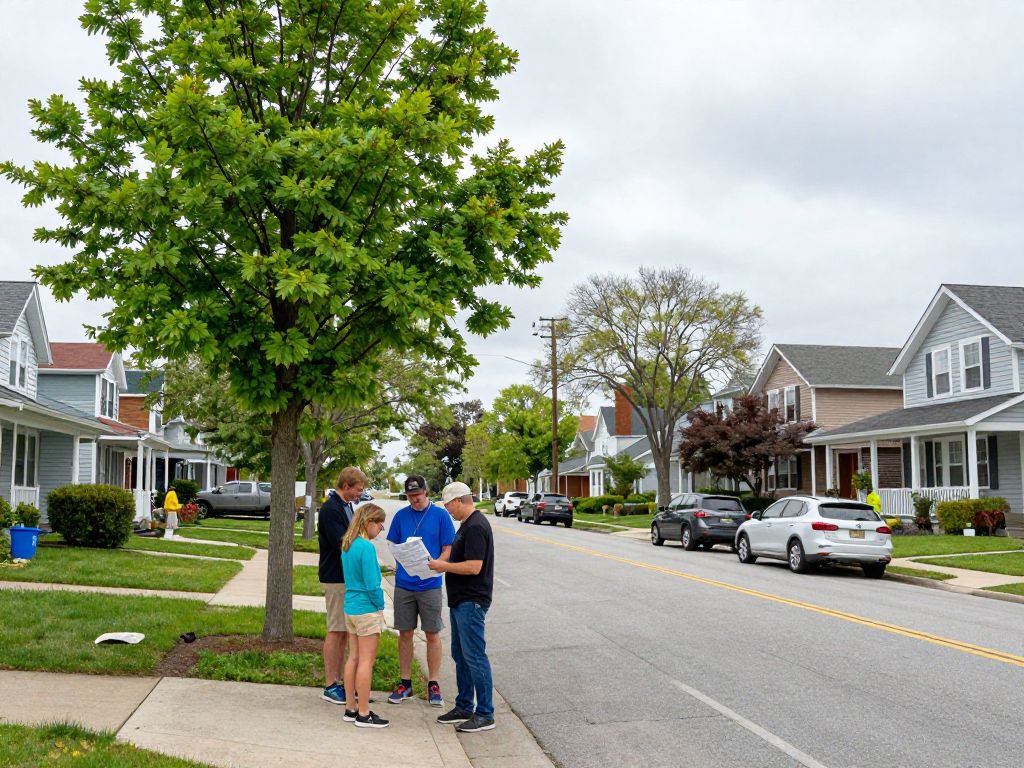 Plymouth MI residents discussing emergency tree safety plans on a cloudy day.