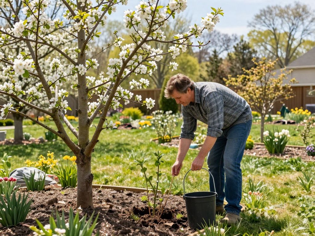 Homeowner pruning fruit trees in a garden in Plymouth MI springtime