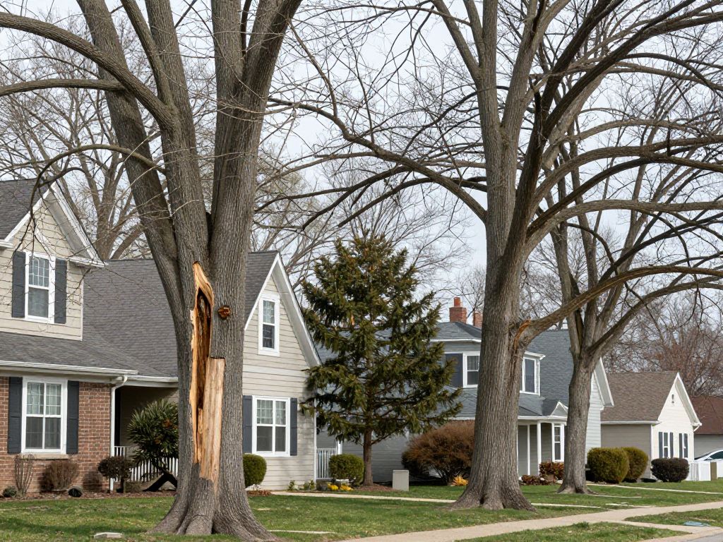 Homeowner inspecting mature trees for structural safety in Plymouth MI