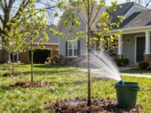 Newly planted trees being watered in a Plymouth MI residential yard during spring.