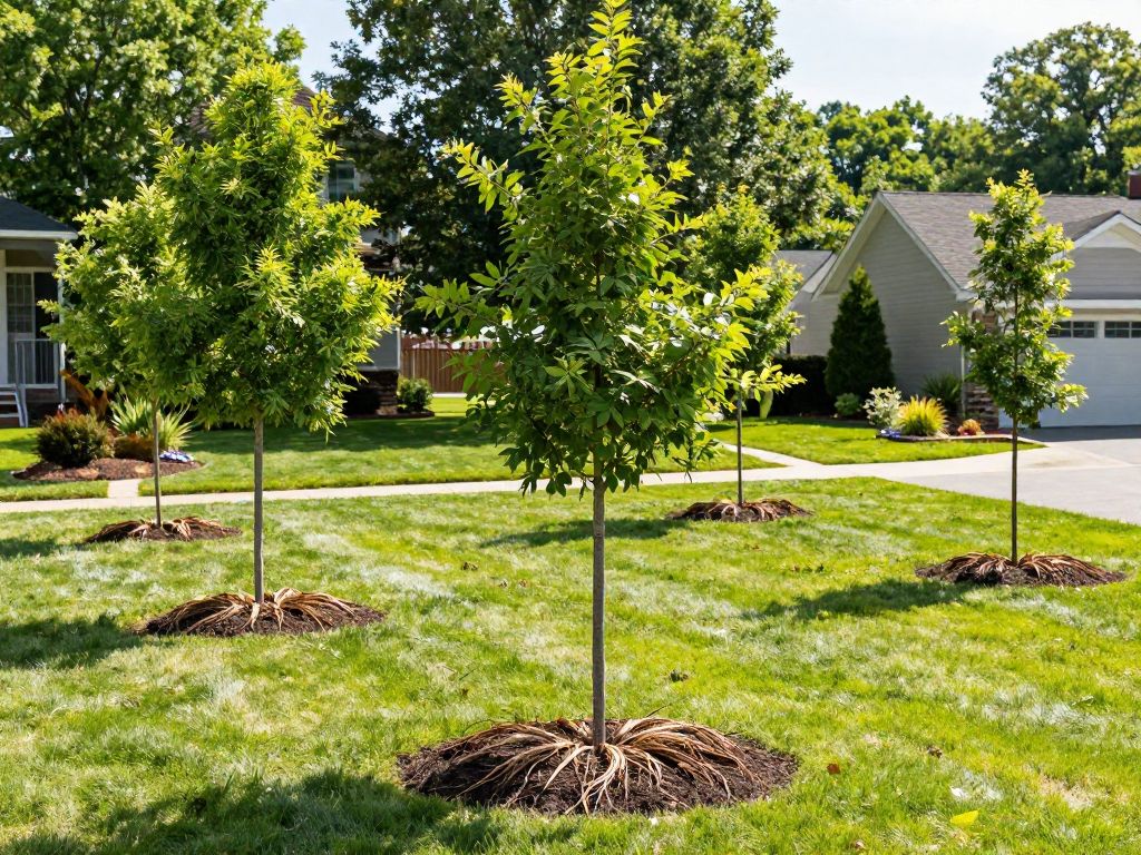 A healthy landscape in Plymouth MI showcasing newly planted trees with visible root flares, focusing on proper tree placement and environmental awareness.