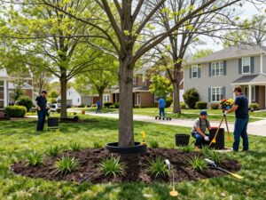 Workers preparing a landscaping area while protecting trees in Plymouth MI