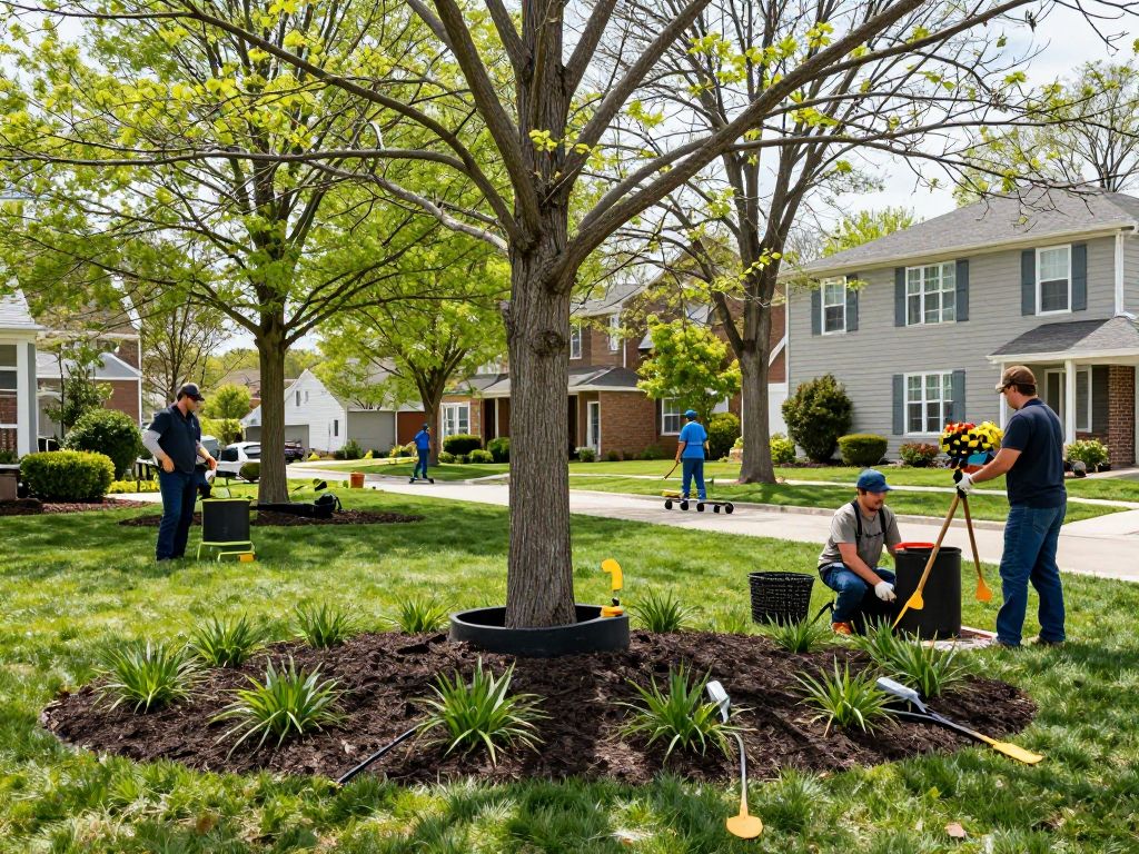 Workers preparing a landscaping area while protecting trees in Plymouth MI