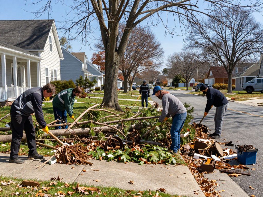 Homeowners in Plymouth MI cleaning up storm debris in their yards