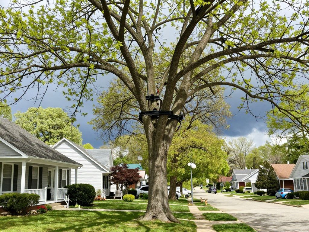 Mature trees in Plymouth MI with professional cabling and bracing installations to secure them against summer storm damage.