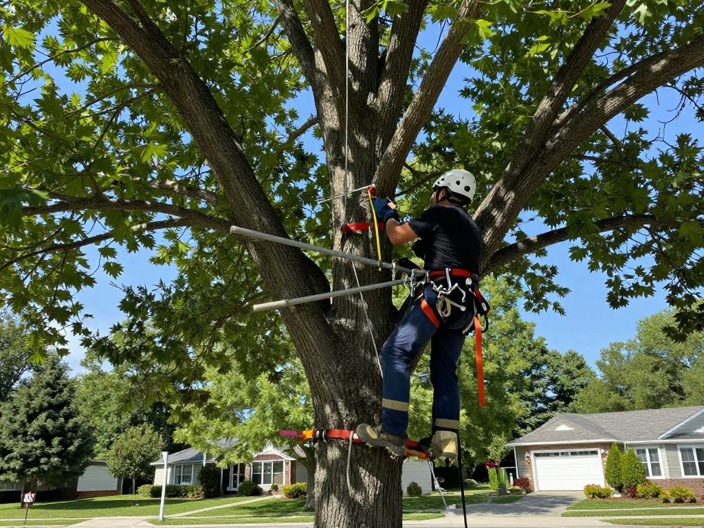 Arborist cabling and bracing a mature tree in Plymouth MI to enhance stability.