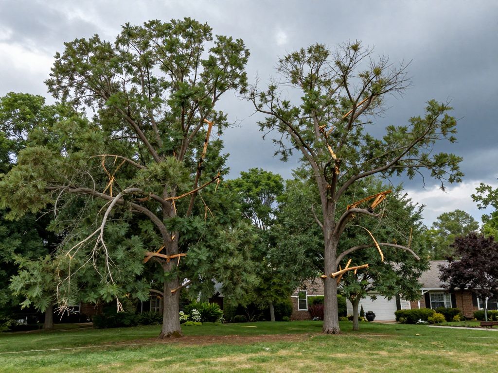 Trees in Plymouth MI showing structural vulnerability ahead of summer storms needing cabling and bracing