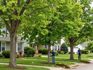 Healthy trees in a Plymouth MI neighborhood undergoing professional care.