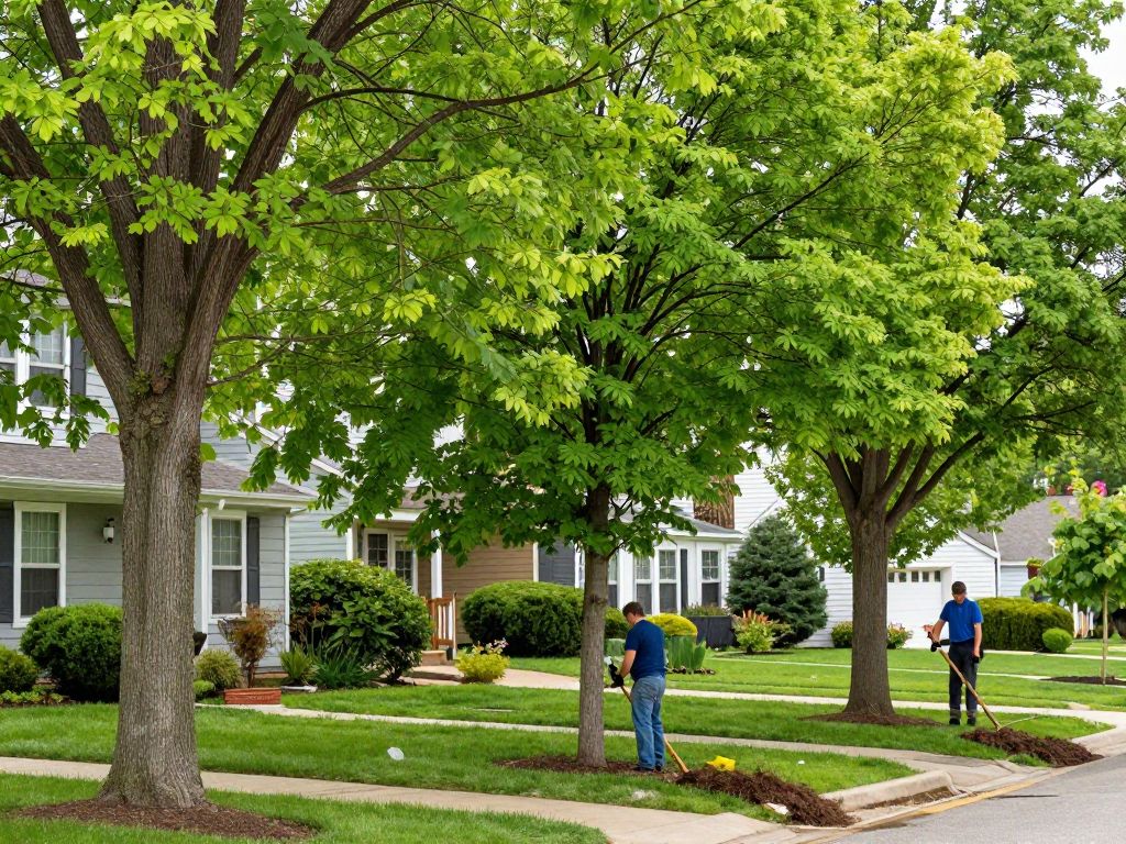 Healthy trees in a Plymouth MI neighborhood undergoing professional care.