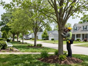 An arborist inspecting trees for diseases in Plymouth MI