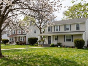 Residential landscape in Plymouth MI featuring trees and homes.