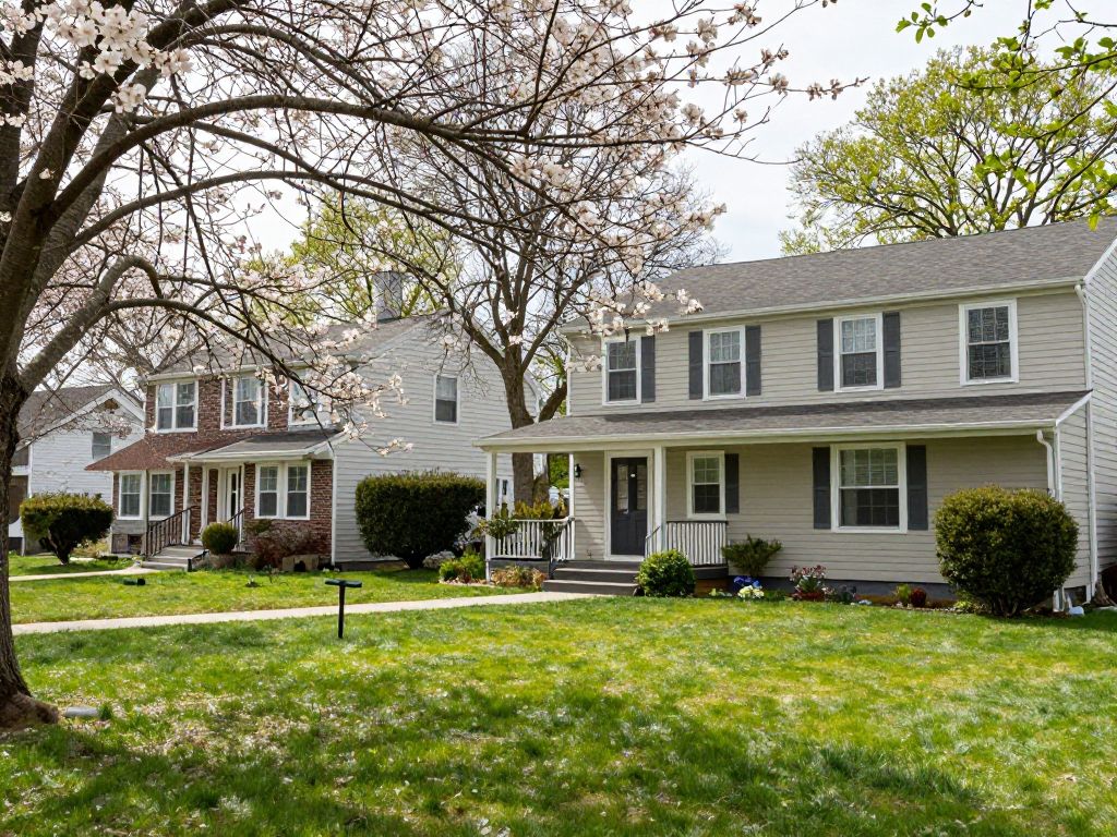Residential landscape in Plymouth MI featuring trees and homes.